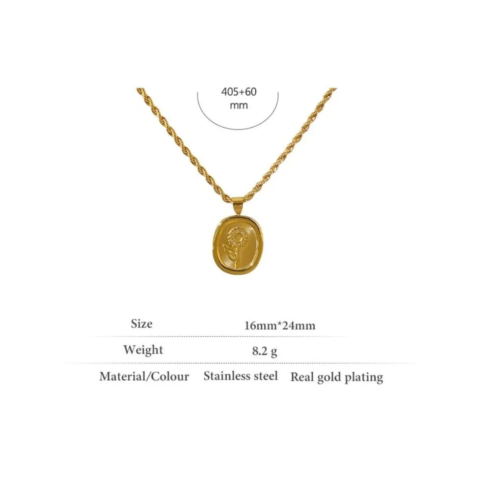 New 18K Gold Plated Oval Sunflower Pendant Necklace - Picture 5 of 7